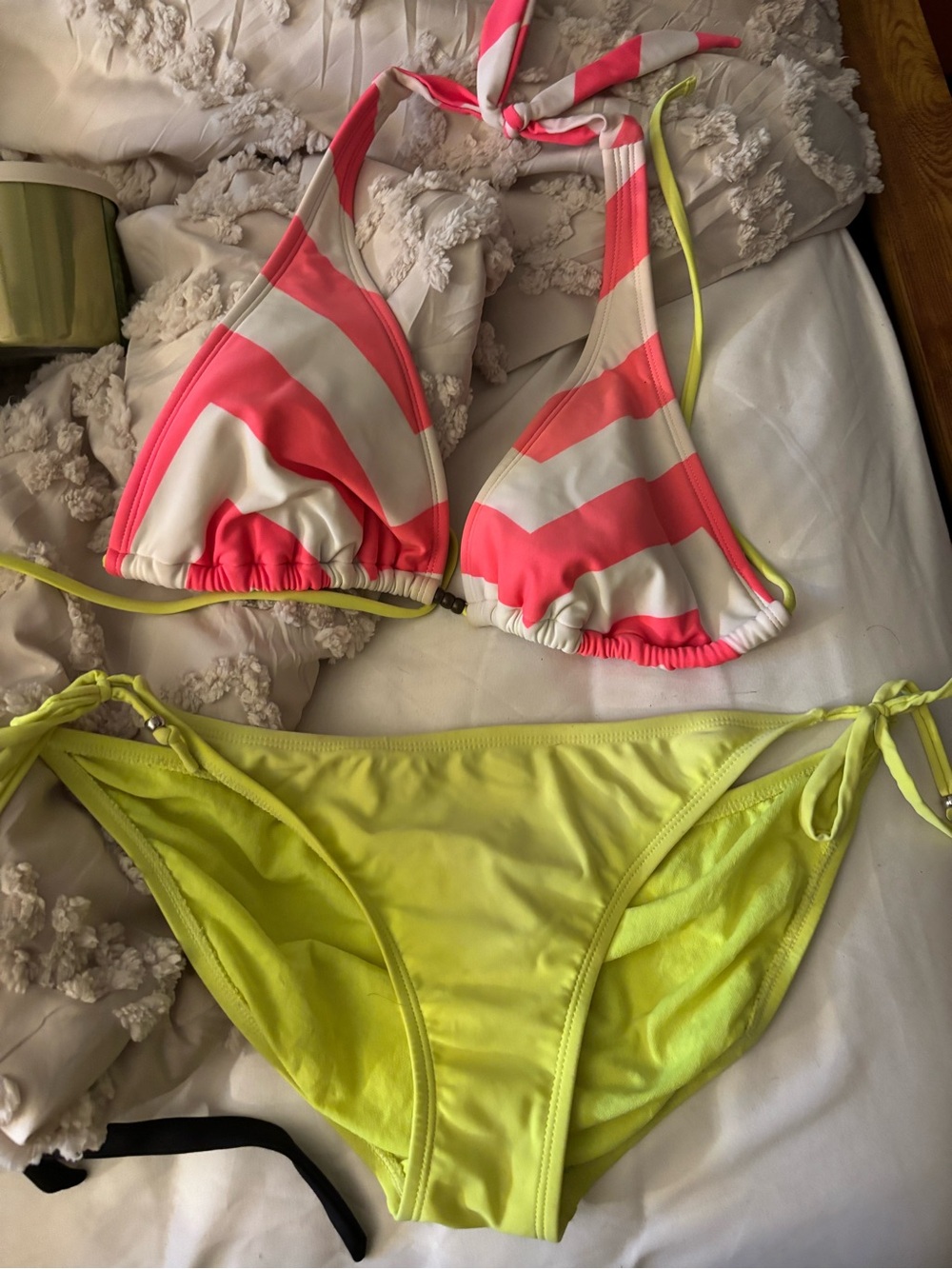 aerie Neon Yellow & Coral Stripe Triangle Bikini